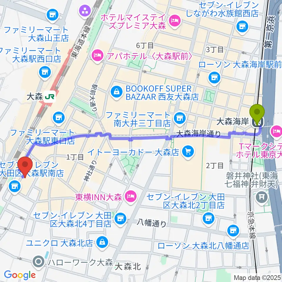 大森海岸駅からフォーク居酒屋 風に吹かれてへのルートマップ地図