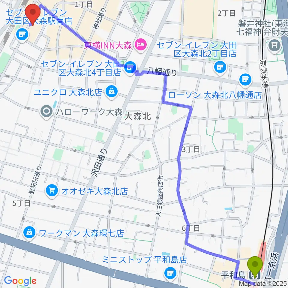 平和島駅からフォーク居酒屋 風に吹かれてへのルートマップ地図