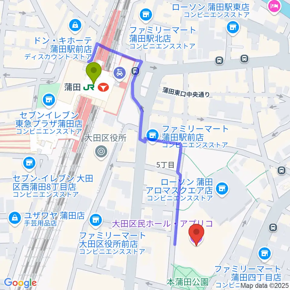 大田区民ホール・アプリコの最寄駅蒲田駅からの徒歩ルート（約5分） MDATA