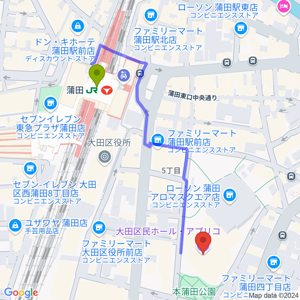 大田区民ホール・アプリコの最寄駅蒲田駅からの徒歩ルート（約5分）地図