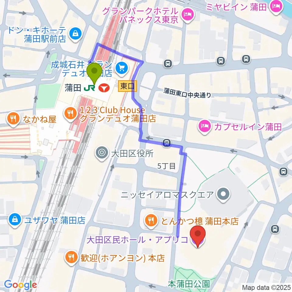 大田区民ホール・アプリコの最寄駅蒲田駅からの徒歩ルート（約5分）地図