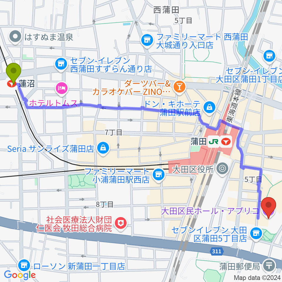 蓮沼駅から大田区民ホール・アプリコへのルートマップ地図