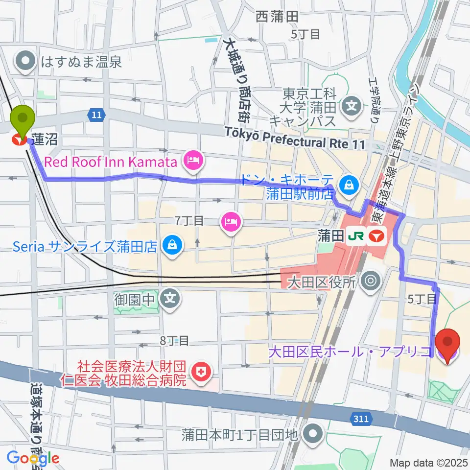 蓮沼駅から大田区民ホール・アプリコへのルートマップ地図