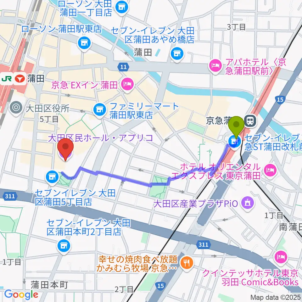 京急蒲田駅から大田区民ホール・アプリコへのルートマップ MDATA