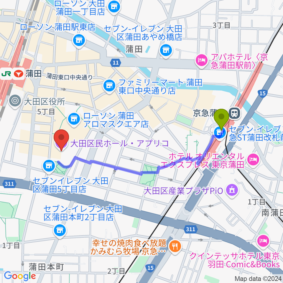 京急蒲田駅から大田区民ホール・アプリコへのルートマップ地図