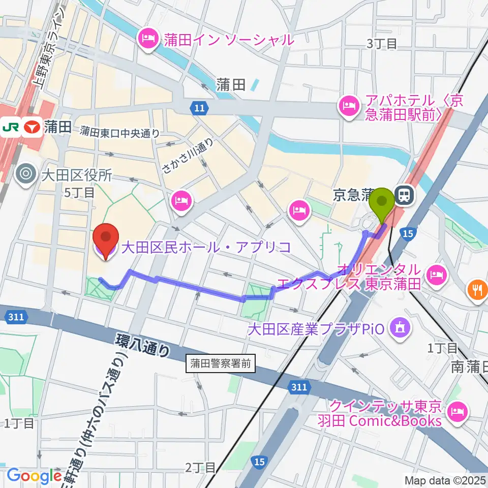 京急蒲田駅から大田区民ホール・アプリコへのルートマップ地図