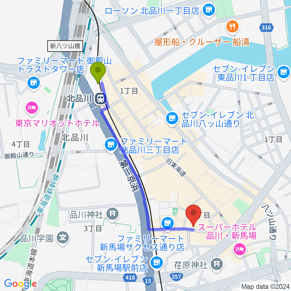 北品川駅からLIVE&BAR ARCOへのルートマップ地図