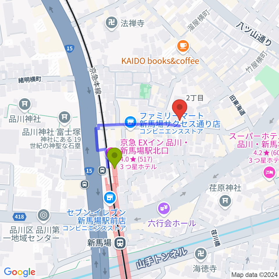 LIVE&BAR ARCOの最寄駅新馬場駅からの徒歩ルート（約2分）地図