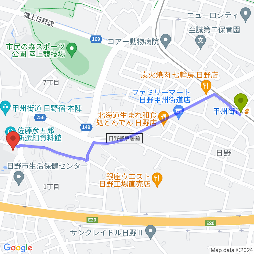 甲州街道駅から日野音楽教室へのルートマップ地図