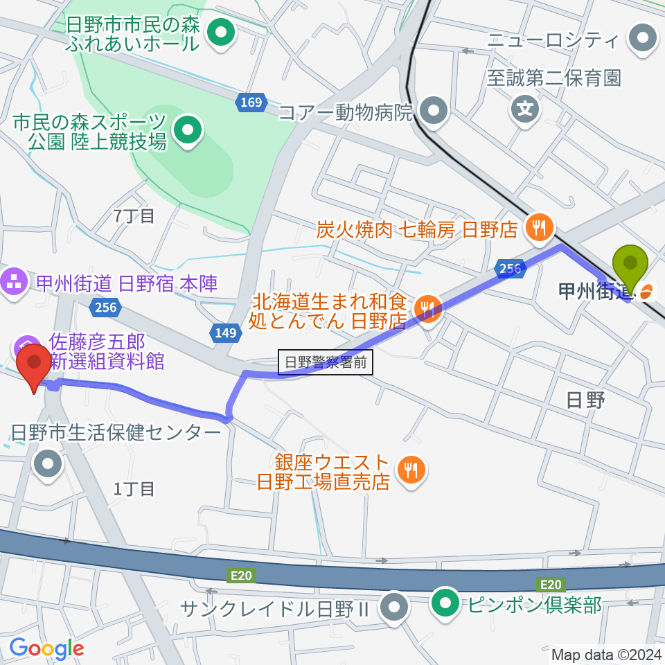 甲州街道駅から日野音楽教室へのルートマップ地図