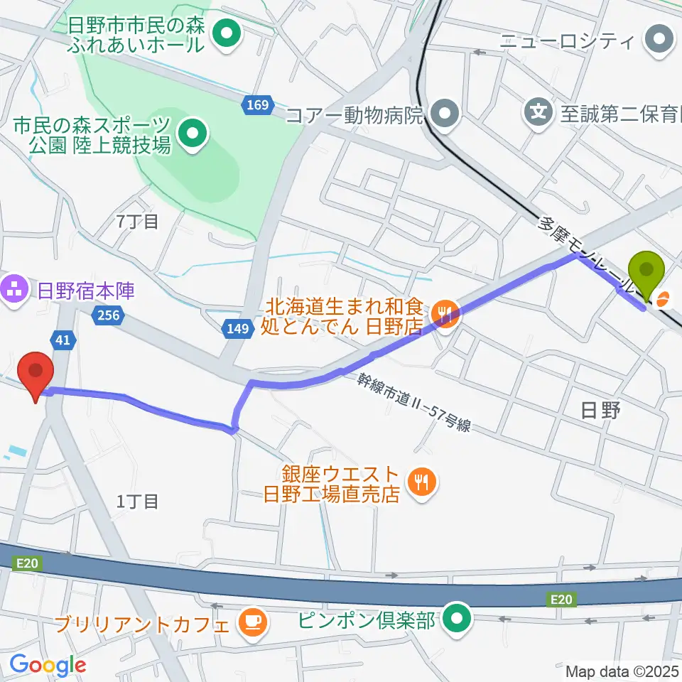 甲州街道駅から日野音楽教室へのルートマップ地図