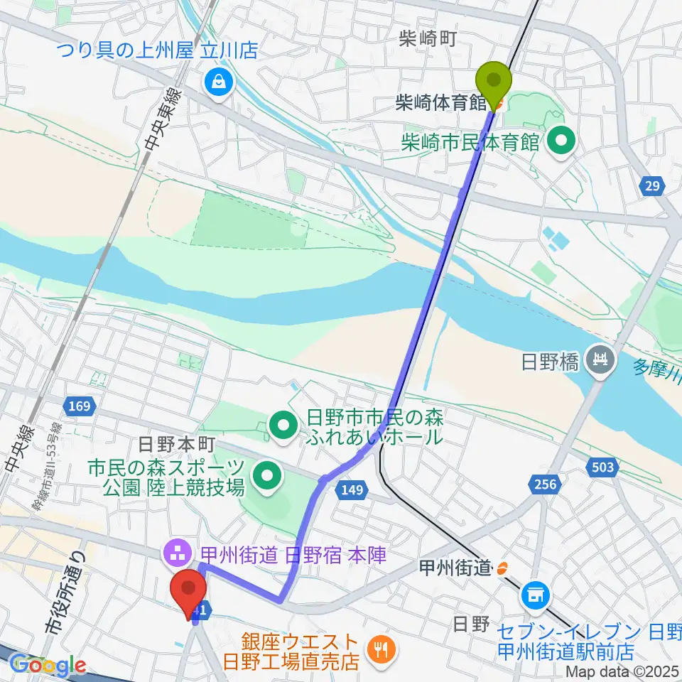 柴崎体育館駅から日野音楽教室へのルートマップ地図