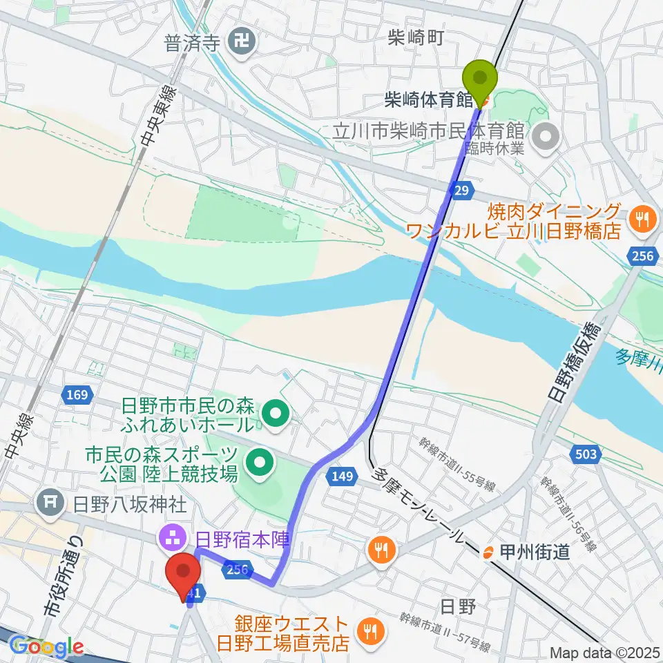 柴崎体育館駅から日野音楽教室へのルートマップ地図