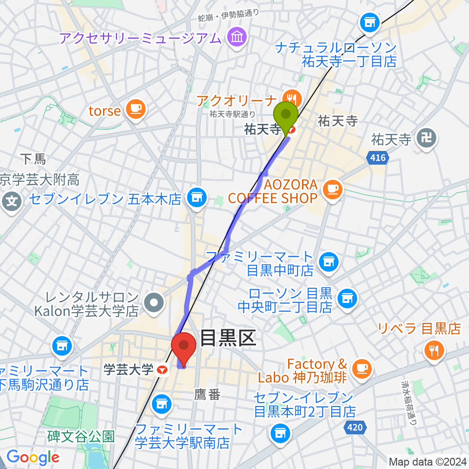 祐天寺駅から珈琲美学へのルートマップ地図