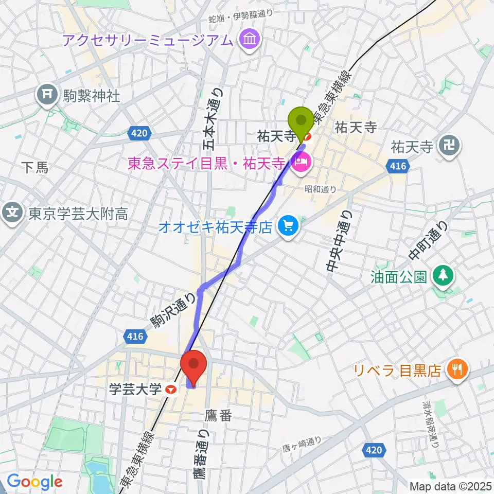 祐天寺駅から珈琲美学へのルートマップ地図