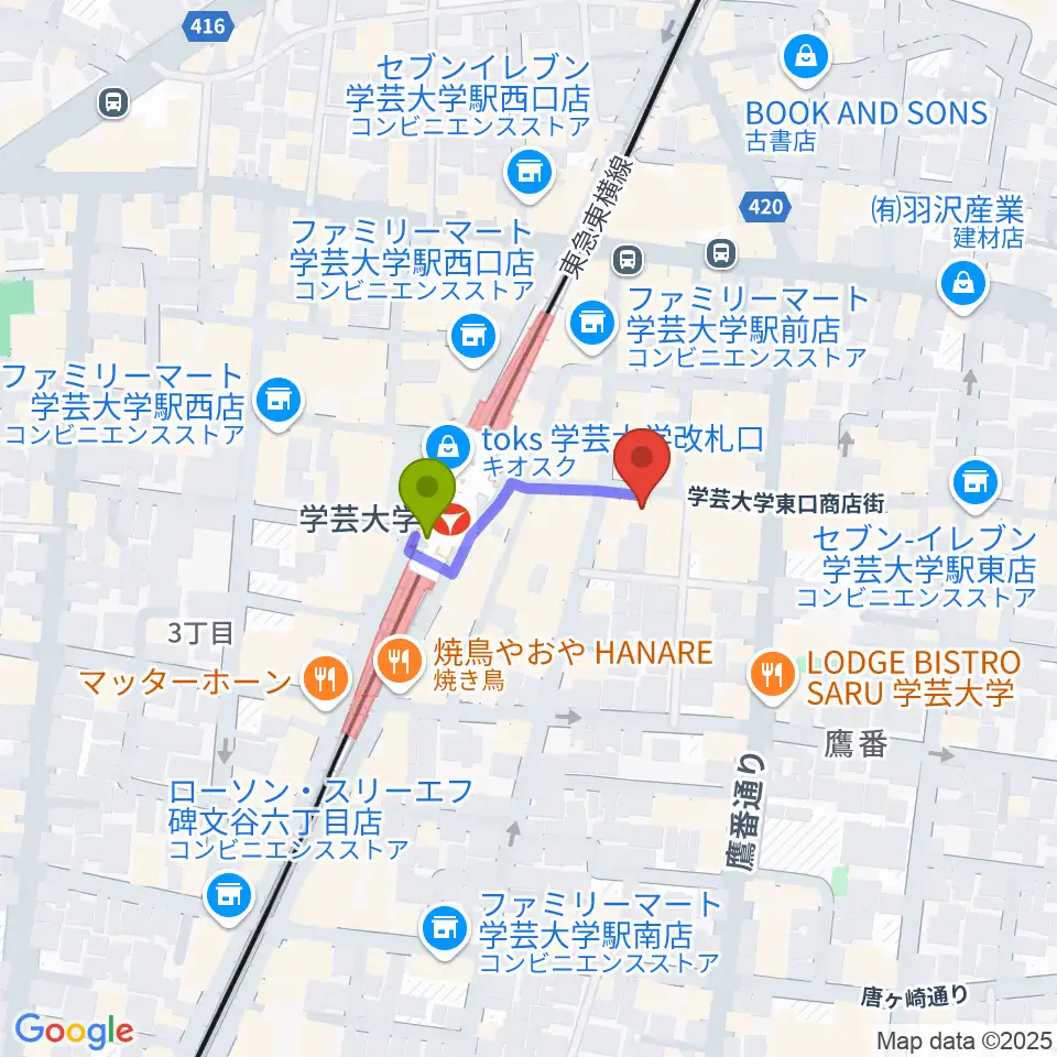 珈琲美学の最寄駅学芸大学駅からの徒歩ルート（約2分）地図