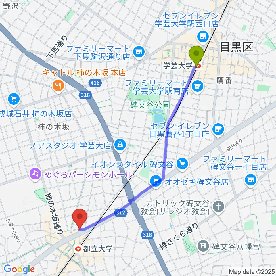 学芸大学駅から都立大学ジャミンへのルートマップ地図