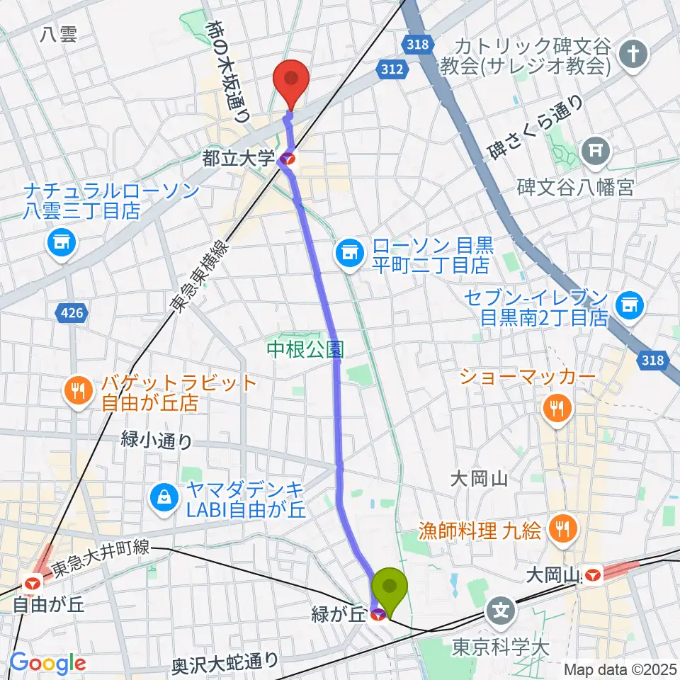 緑が丘駅から都立大学ジャミンへのルートマップ地図