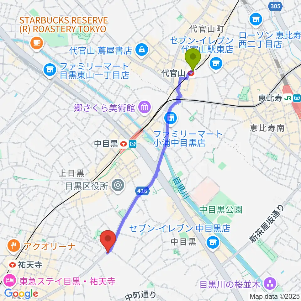 代官山駅から中目黒FJ'sへのルートマップ地図