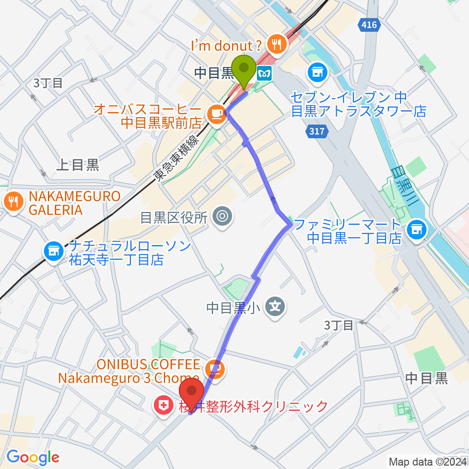 中目黒駅から中目黒FJ'sへのルートマップ地図