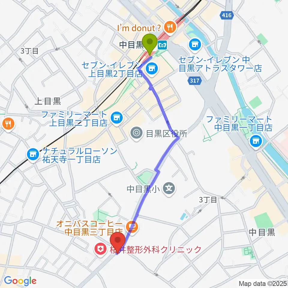 中目黒駅から中目黒FJ'sへのルートマップ地図