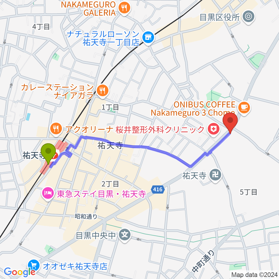 中目黒FJ'sの最寄駅祐天寺駅からの徒歩ルート（約10分）地図