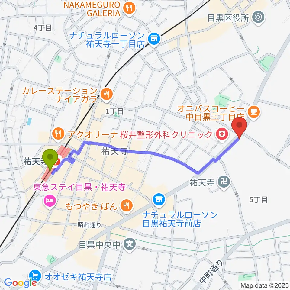 中目黒FJ'sの最寄駅祐天寺駅からの徒歩ルート（約10分）地図