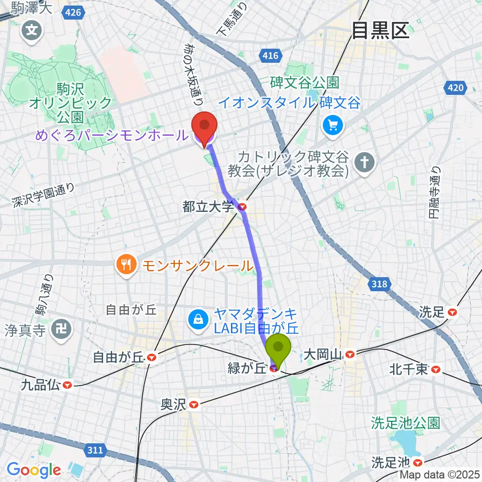 緑が丘駅からめぐろパーシモンホールへのルートマップ地図
