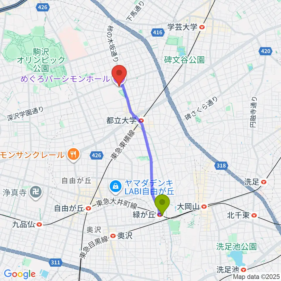 緑が丘駅からめぐろパーシモンホールへのルートマップ地図