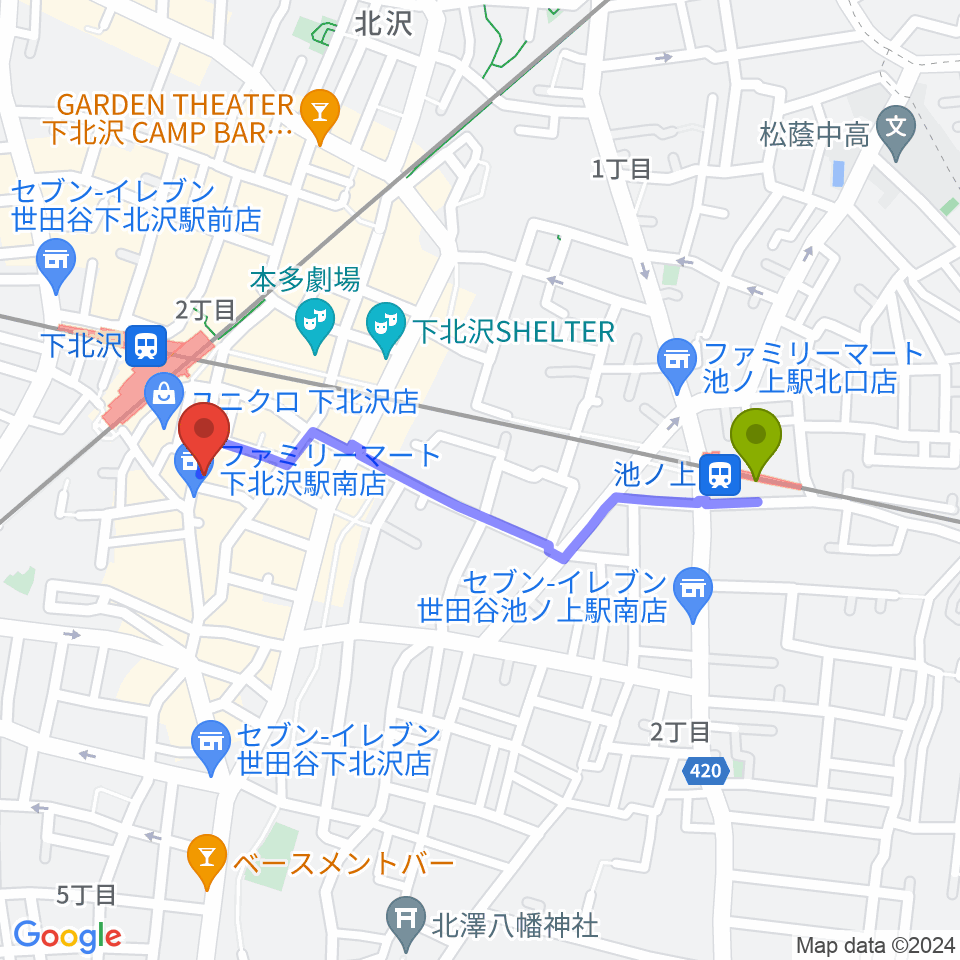 池ノ上駅から下北沢モナレコードへのルートマップ地図
