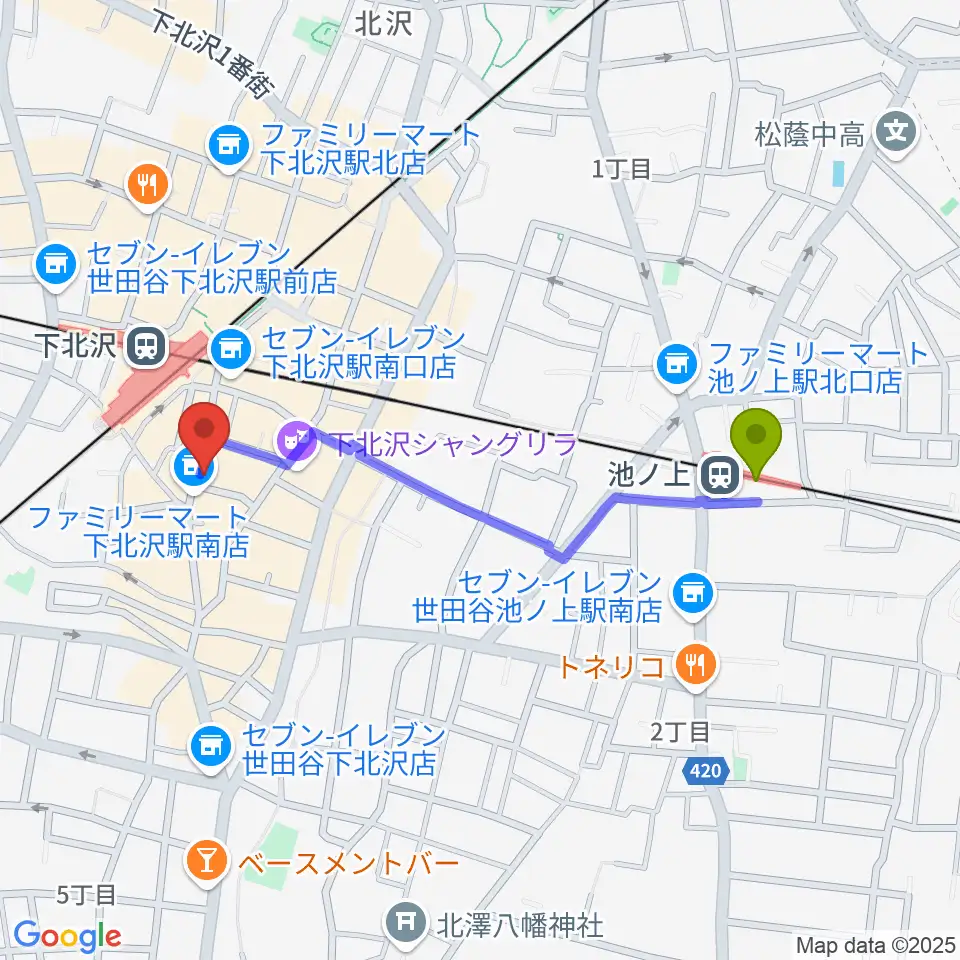 池ノ上駅から下北沢モナレコードへのルートマップ地図