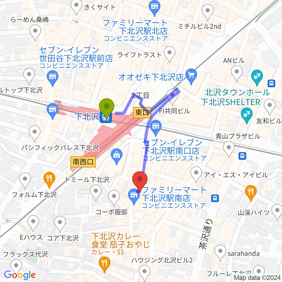 下北沢モナレコードの最寄駅下北沢駅からの徒歩ルート（約2分）地図