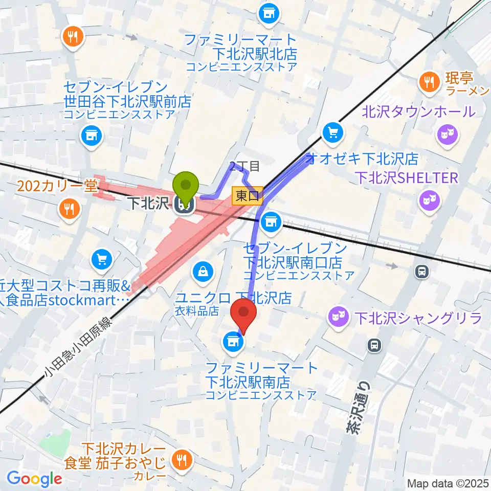 下北沢モナレコードの最寄駅下北沢駅からの徒歩ルート（約2分）地図