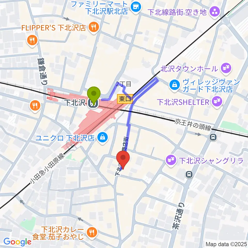 下北沢モナレコードの最寄駅下北沢駅からの徒歩ルート（約2分）地図
