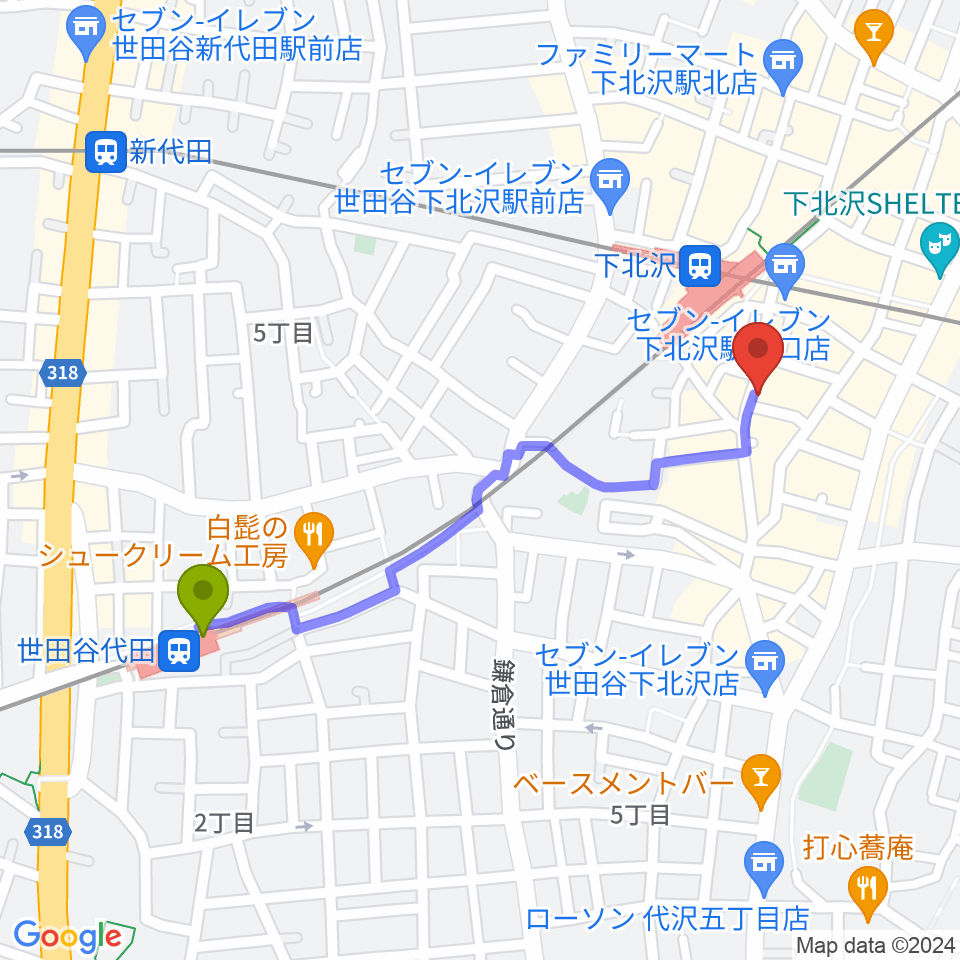 世田谷代田駅から下北沢モナレコードへのルートマップ地図