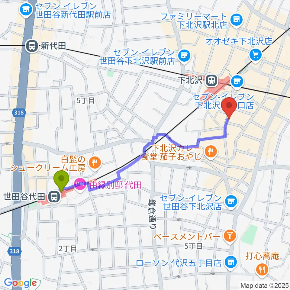 世田谷代田駅から下北沢モナレコードへのルートマップ地図