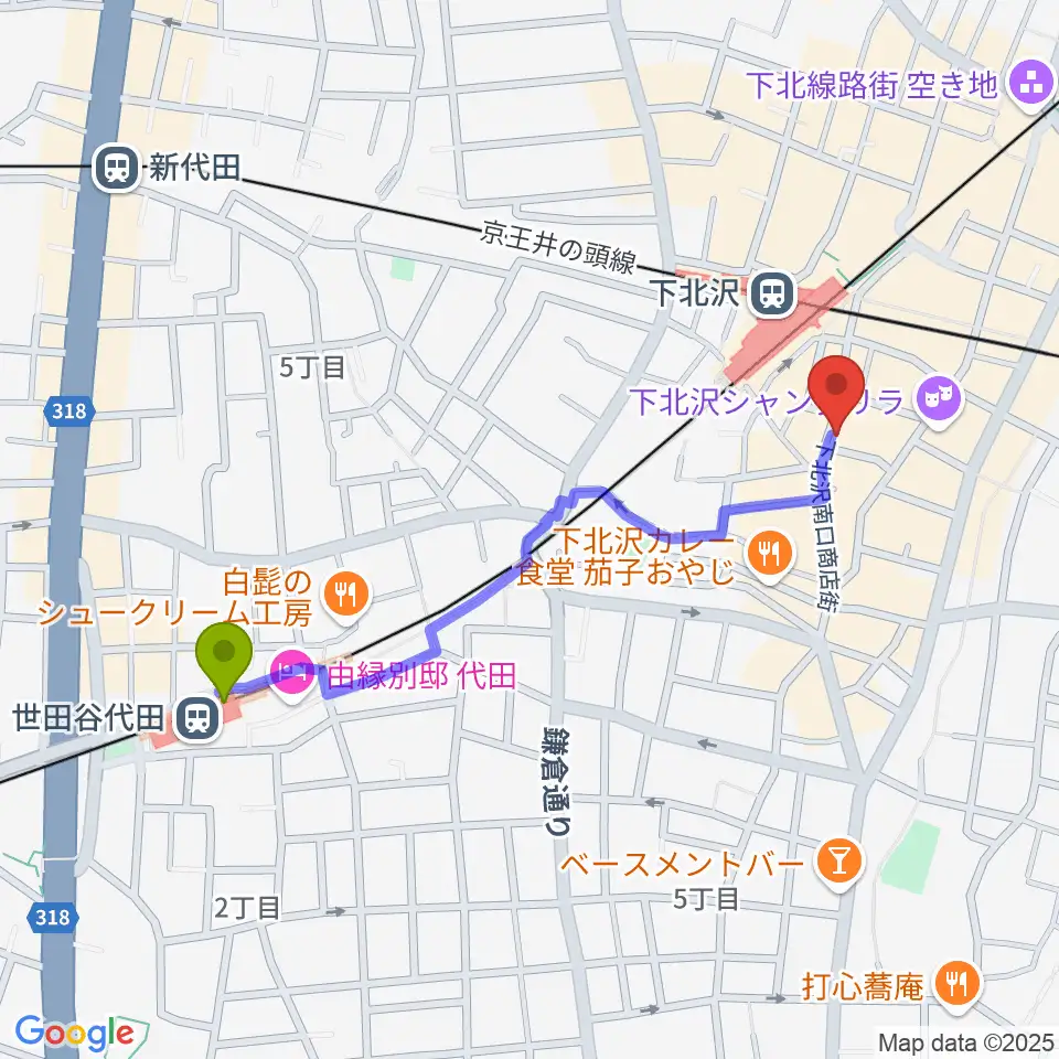 世田谷代田駅から下北沢モナレコードへのルートマップ地図