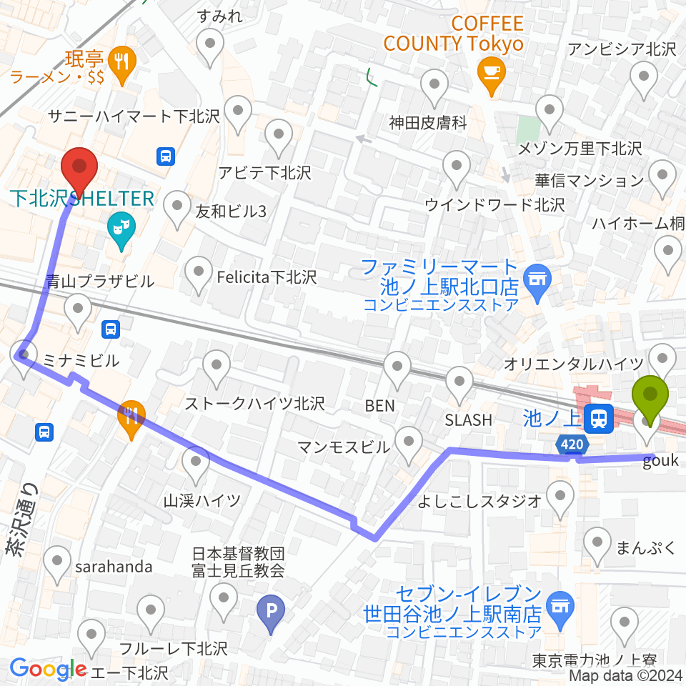 池ノ上駅から下北沢 music bar rpmへのルートマップ地図