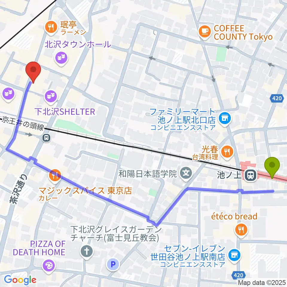 池ノ上駅から下北沢 music bar rpmへのルートマップ地図