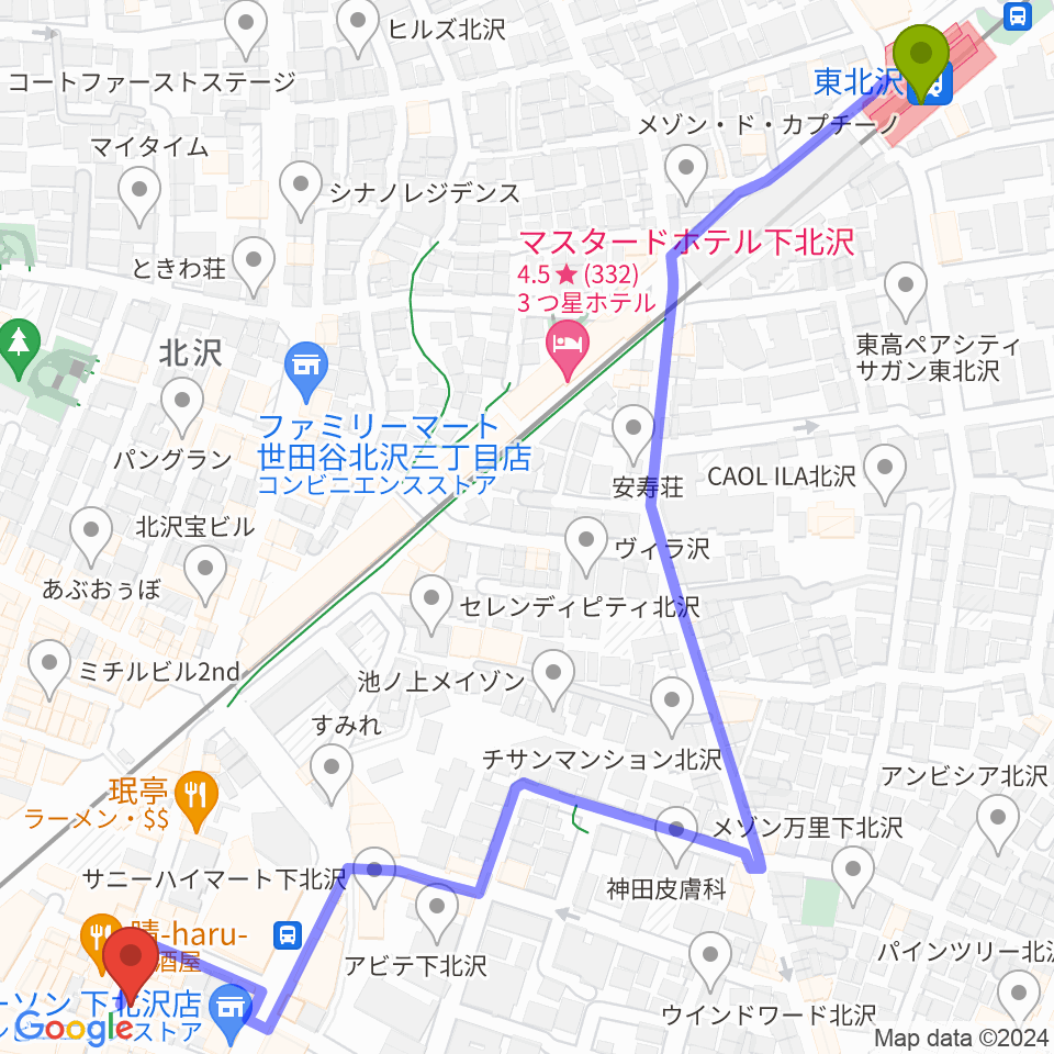 東北沢駅から下北沢 music bar rpmへのルートマップ地図