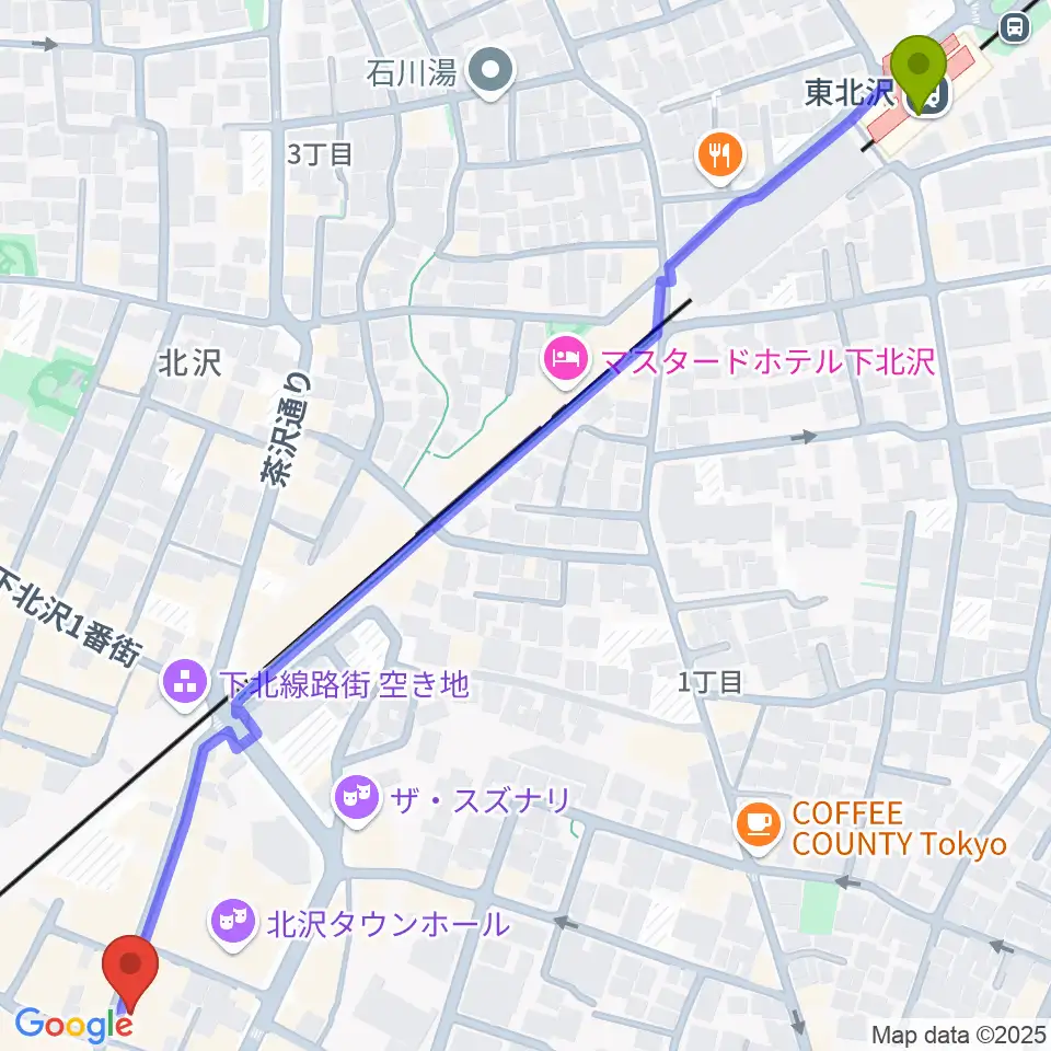 東北沢駅から下北沢 music bar rpmへのルートマップ地図