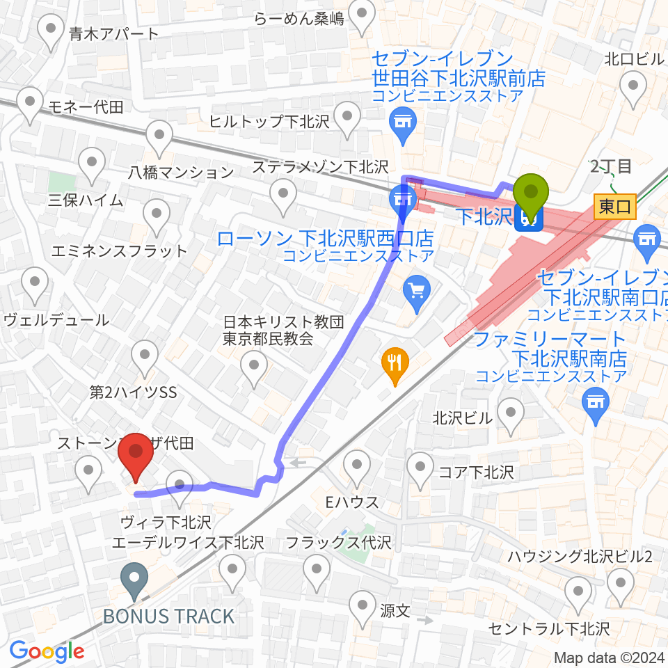 下北沢駅から下北沢ボイスファクトリーへのルートマップ地図