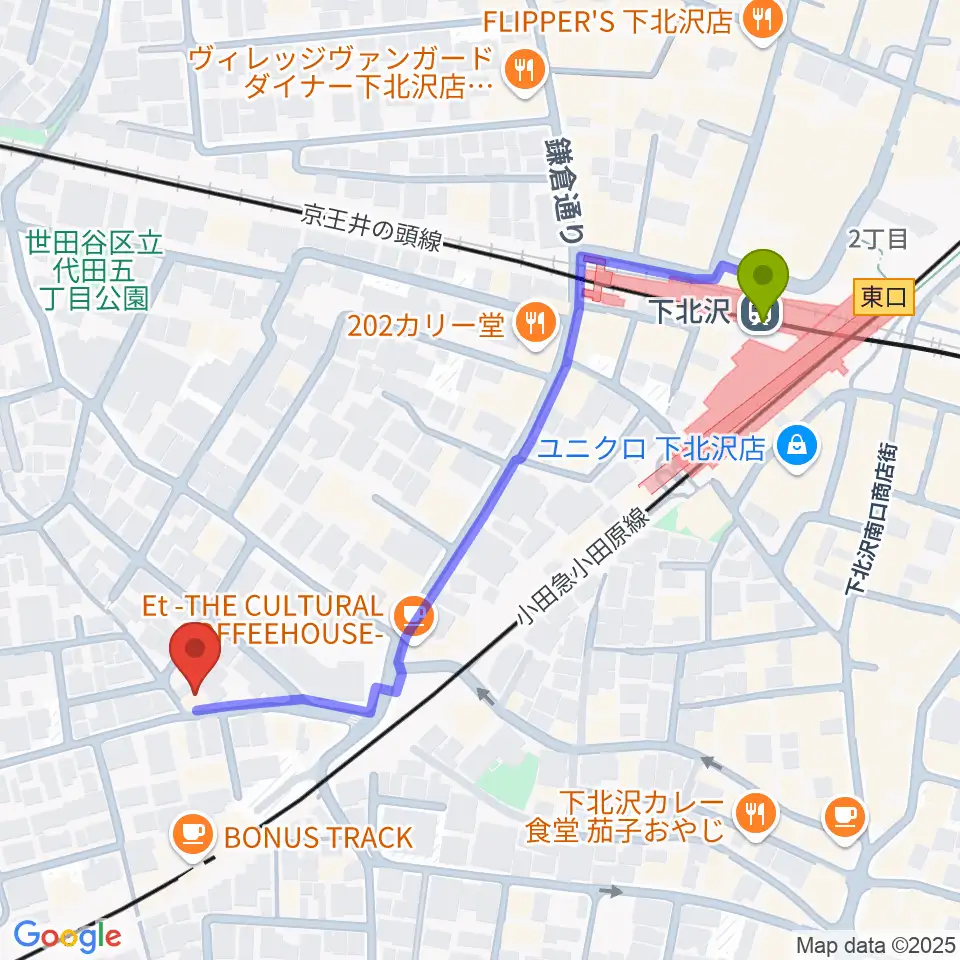 下北沢駅から下北沢ボイスファクトリーへのルートマップ地図