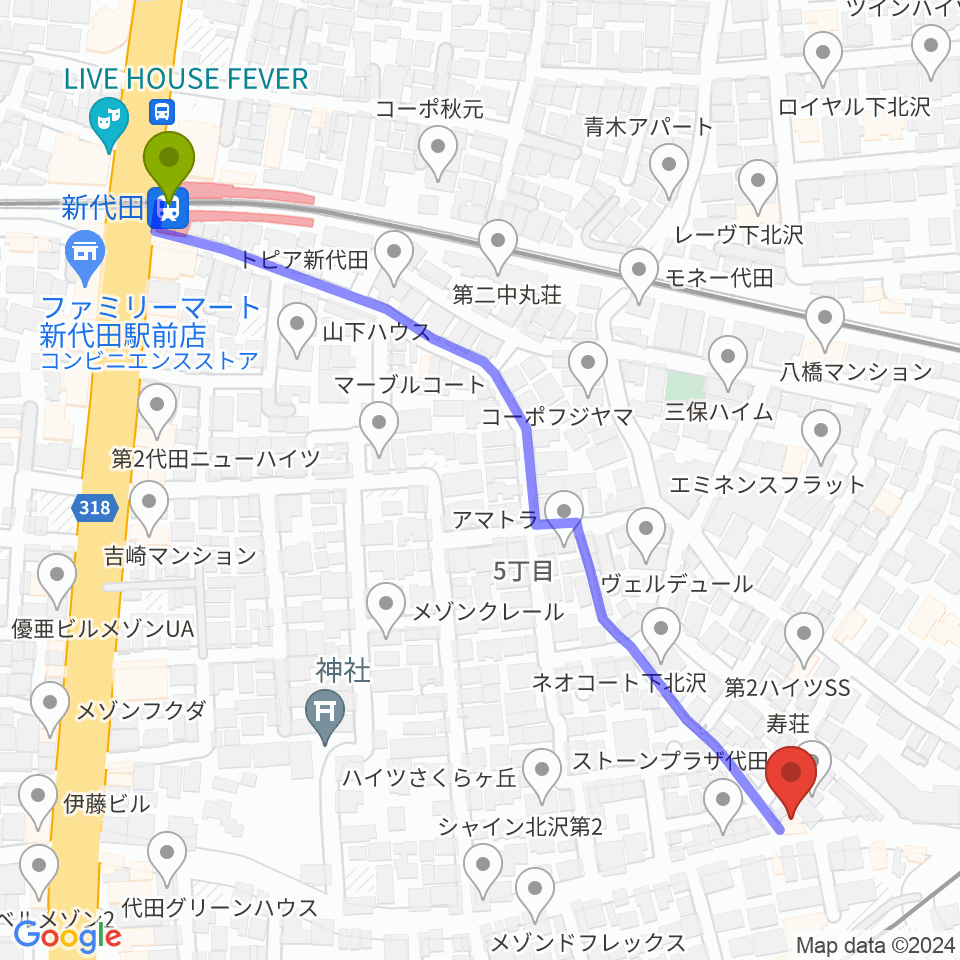 新代田駅から下北沢ボイスファクトリーへのルートマップ地図