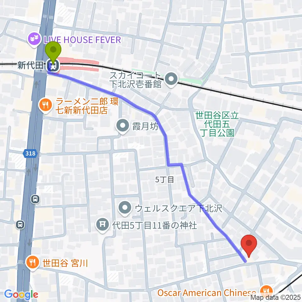 新代田駅から下北沢ボイスファクトリーへのルートマップ地図