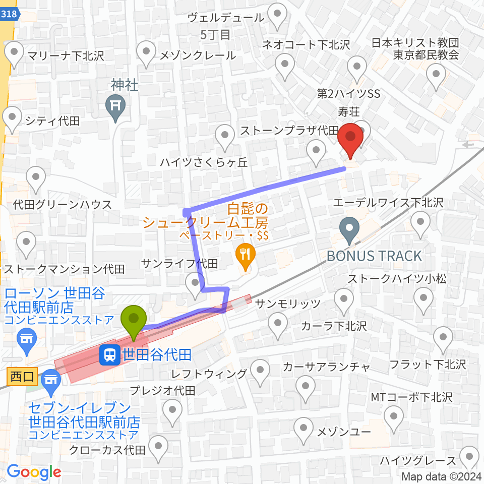 下北沢ボイスファクトリーの最寄駅世田谷代田駅からの徒歩ルート（約5分）地図