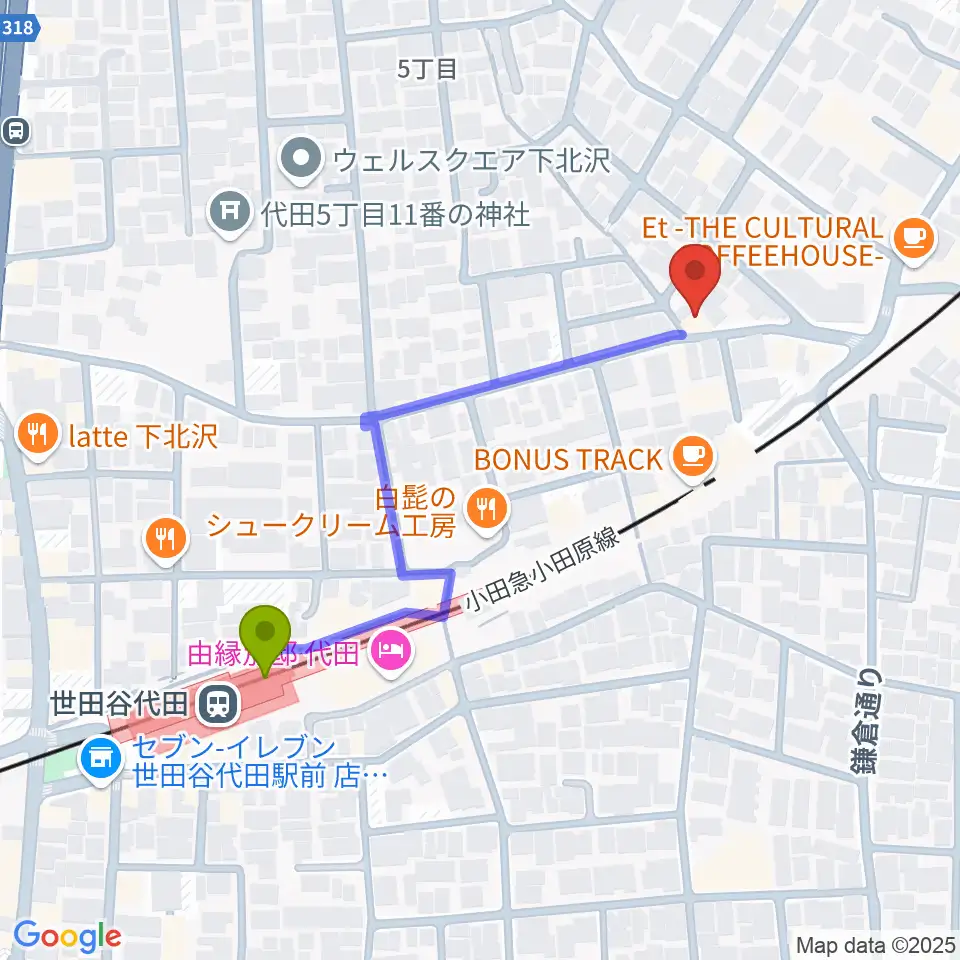 下北沢ボイスファクトリーの最寄駅世田谷代田駅からの徒歩ルート（約5分）地図