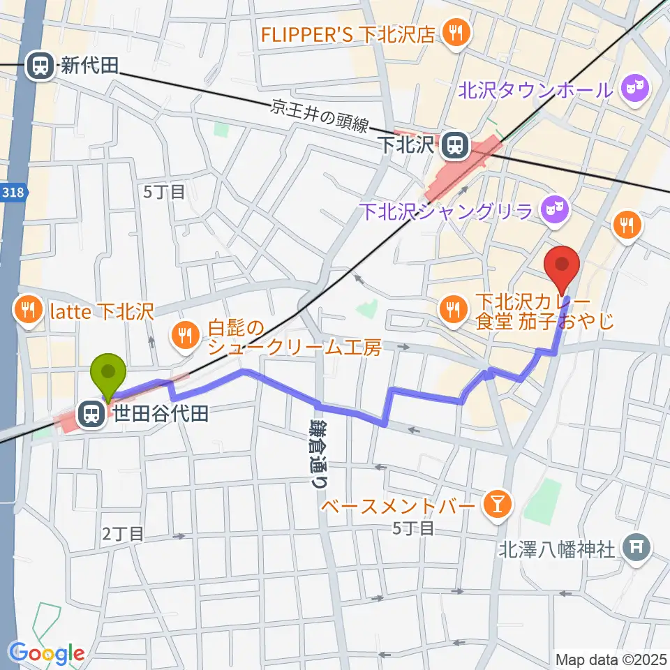 世田谷代田駅から下北沢MOSAiCへのルートマップ地図