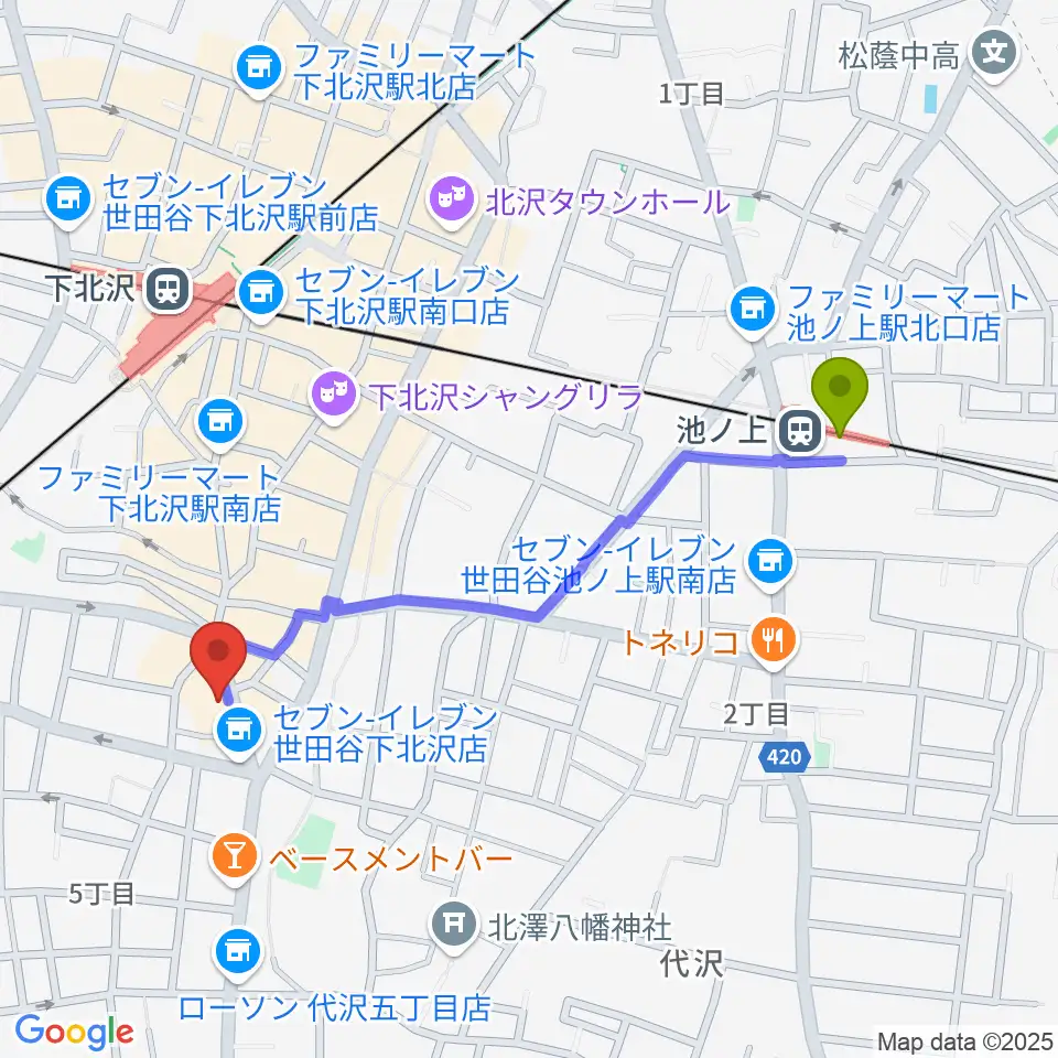 池ノ上駅から下北沢440へのルートマップ地図