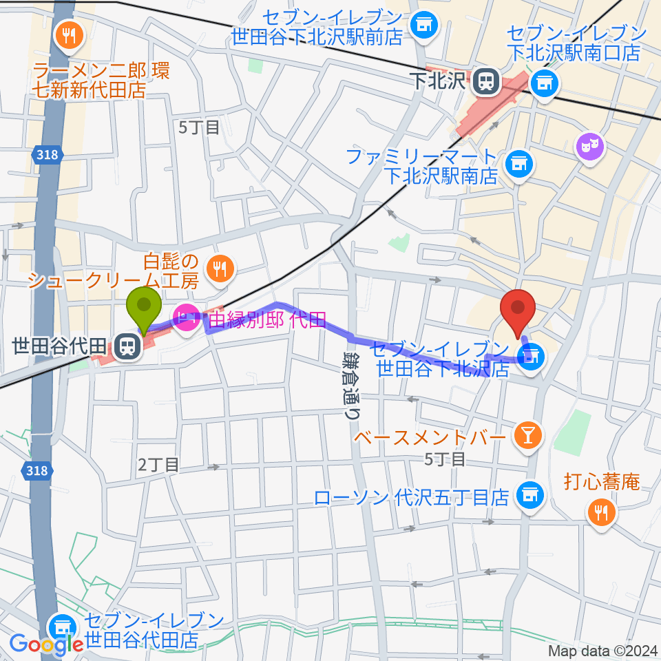 世田谷代田駅から下北沢440へのルートマップ地図